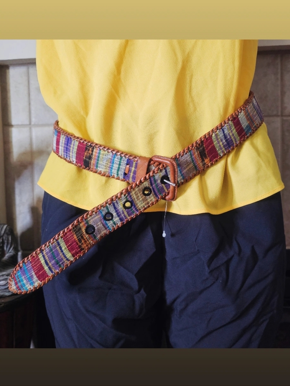 Artesania colorful bohemian-style woven fabric belt with leather buckle & trim